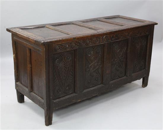 A 17th century oak coffer, W.4ft 7in. D.1ft 11in. H.2ft 5in.